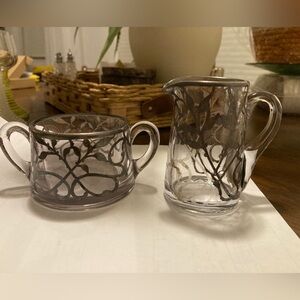 Glass Sterling Silver Overlay Filigree CREAMER & SUGAR BOWL Heisey Art Nouveau